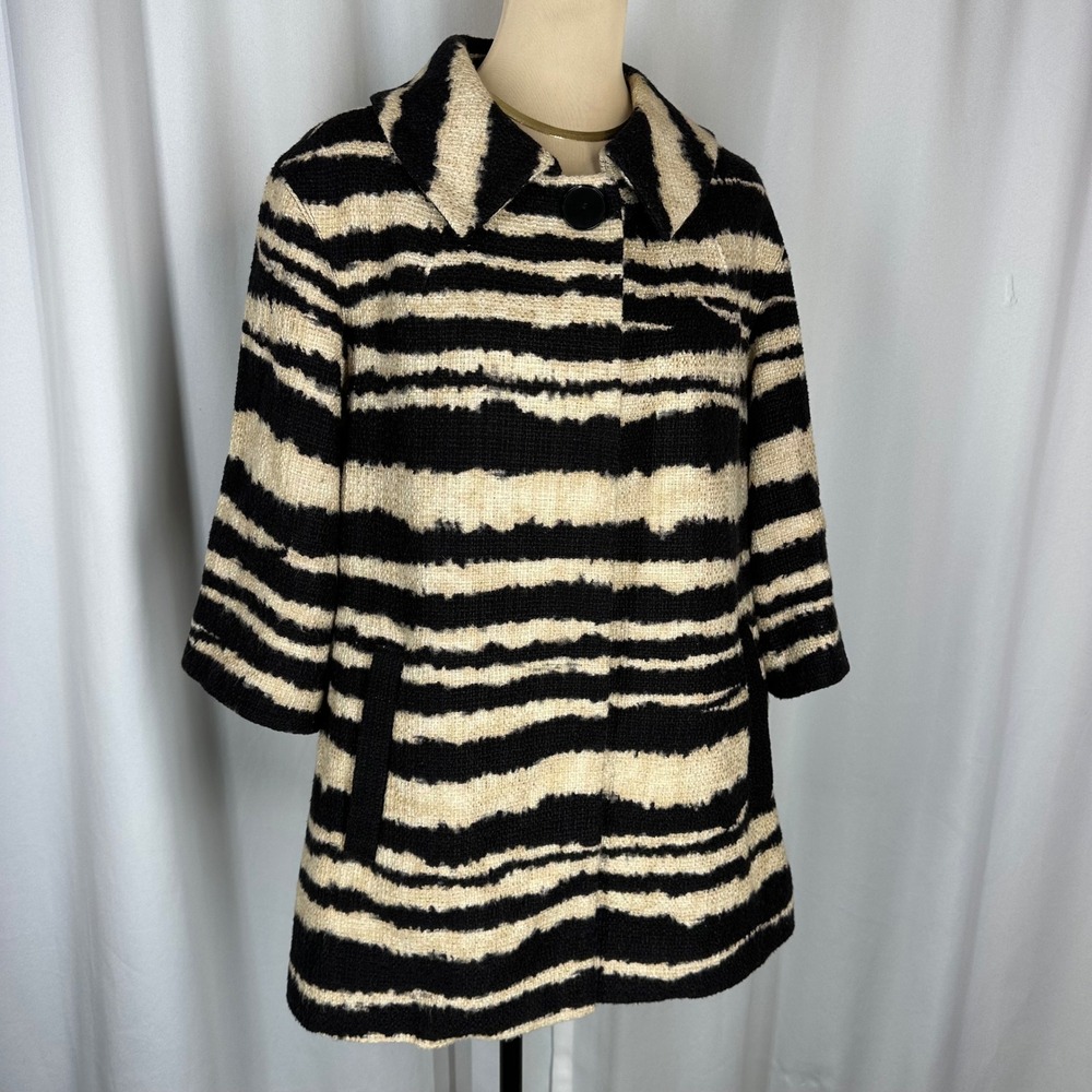 Talbots Collection Petites Black Tan Ivory Striped Textured Coat Jacket M